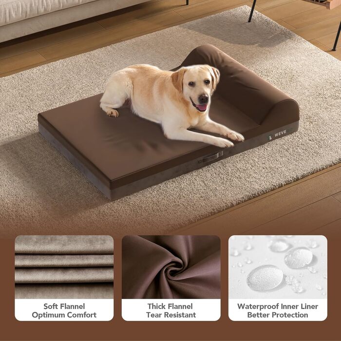 Ортопедичне ліжко для собак великих порід, 8,9 см гелевий пінополіуретан, міцний фланелевий матеріал, знімна наволочка, водонепроникний вкладиш, антиковзаюче покриття (117 x 74 x 20 см, коричневе ліжко)