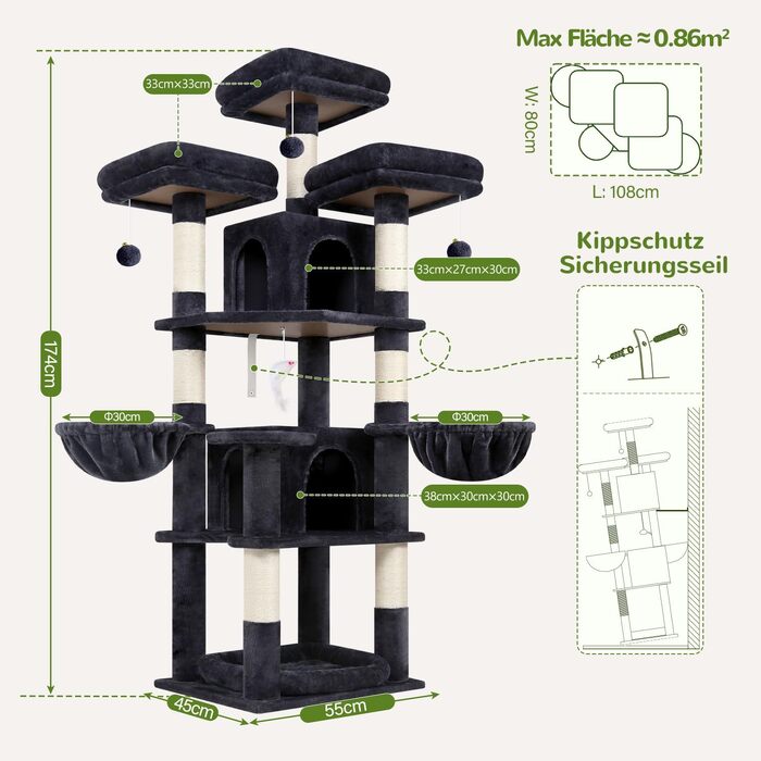 Ігровий комплекс для котів Globlazer F68B з 3 платформами та 2 будиночками, кігтеточка для 2-3 котів, 174 см, темно-сірий