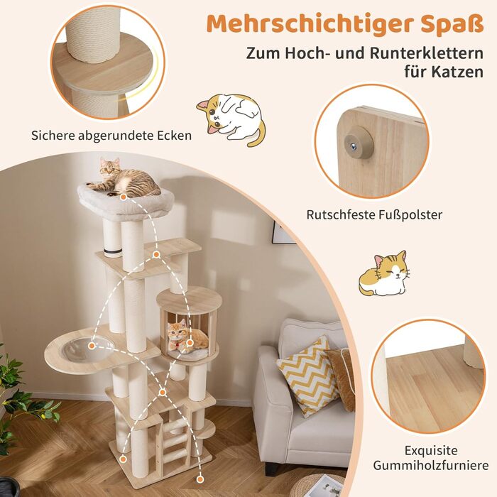 Дерев'яний кігтечка для котів COSTWAY 6-ярусний, 185 см: кігтеточка, будиночок, сходинки, платформа