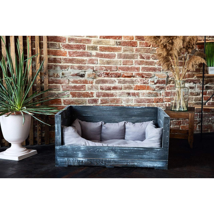 Собаче ліжко Kistenkolli Altes Land Balu з дерева з подушкою, корзина для собак, лежанка, вінтажний диван для собак, білий (90x57x45 см, Shabby Schwarz)