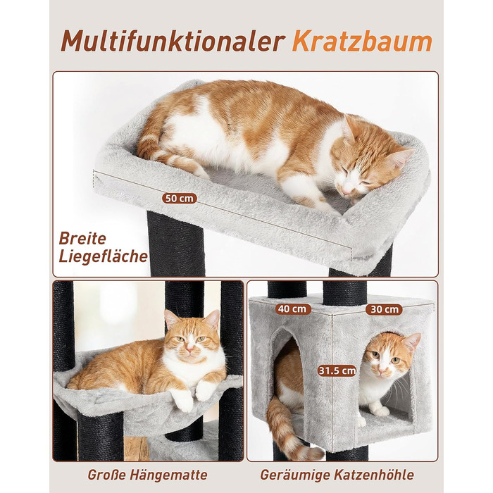 Великий котячий будиночок Kratzbaum Groß: 164 см, для великих котів (Maine Coon), стабільний, з гамаком, платформами та печерею