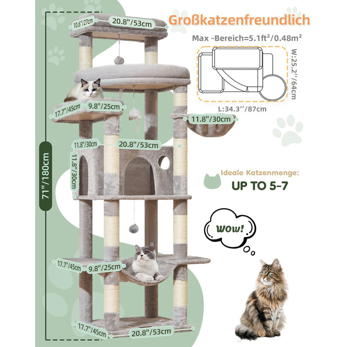 Когтеточка для котів Taoqimiao 180 см XXL, великий котячий комплекс для Maine Coon з будиночком, гамаком, платформами та 9 стійками (світло-сірий)
