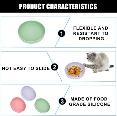 Набір мисок для котів (3 шт.) - зелений, рожевий, фіолетовий, 18 см, силікон, для сухого та вологого корму