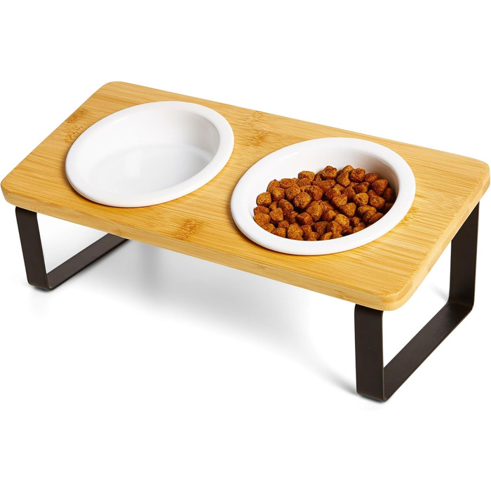 Підвищена годівниця для котів, ергономічна керамічна годівниця з дерева та бамбука, для котів та маленьких собак