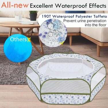 Pawaboo: Фрейгехеге для дрібних тварин, водовідштовхуваний, складаний, для кроликів, курей, кошенят, цуценят, кроликів, хом'яків. Візуальний вольєр з сіткою, блискавкою та нейлоновим дном (Синій + Білий квітковий принт)