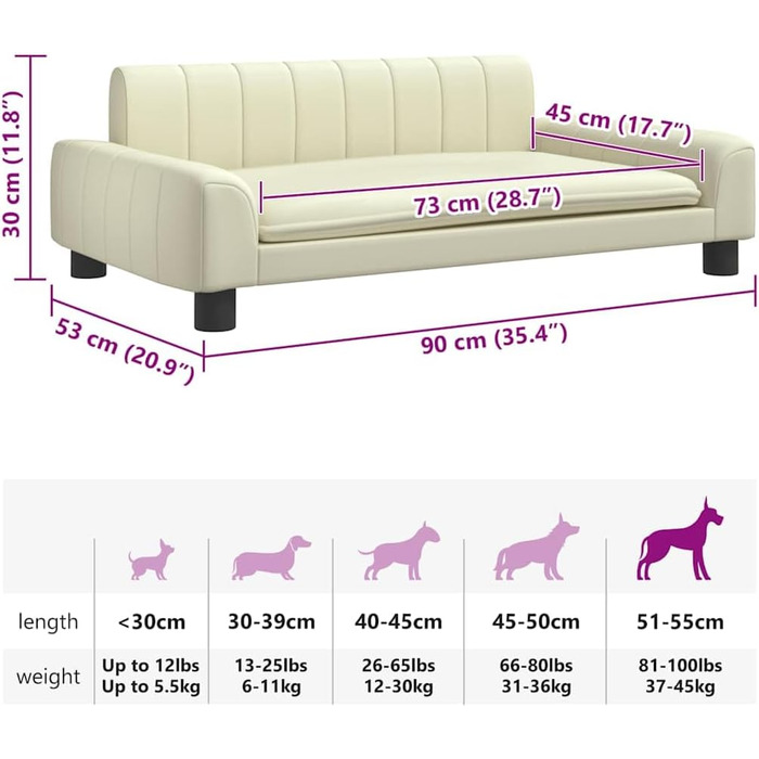 Лягушковий лежак для собак, м'яке ліжко для тварин, лежанка-софа для маленьких собак, котів, штучна шкіра (90 x 53 x 30 см, кремовий)