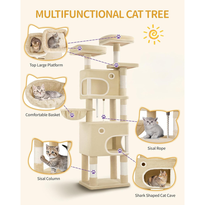 Драбина-кіготь для котів Hzuaneri MS15918YL, 159 см, бежева, з 8 стовпчиків, 3 платформ та 2 хованок