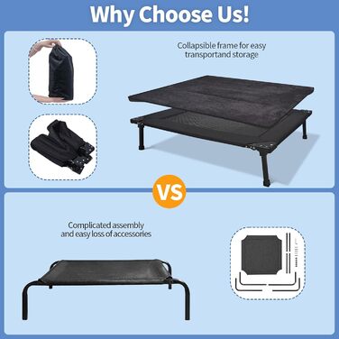 Підвищене собаче ліжко echeckige, складане, з піднятим каркасом та знімним килимком, портативне, вологостійке, для маленьких собак, для дому та вулиці, кемпінг, подорожі (L, чорний)