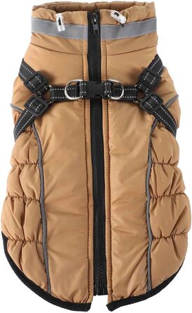 Зимовий одяг для собак, водонепроникний, з регульованою шлейкою, тепла куртка з флісу з світловідбиваючими смугами для великих та середніх собак, коричневий, розмір S