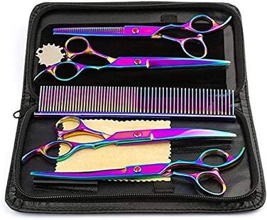 Професійні ножиці для собак 7 дюймів, набір 4 шт. (прямі, вигнуті, розріджувачі), чорний