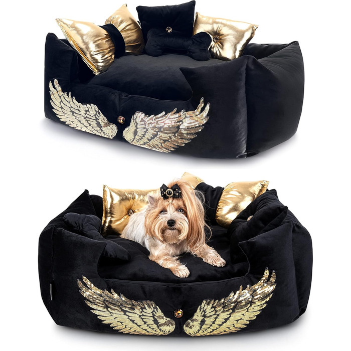 NELKE Розкішне ліжко для собак Glamour-стиль. Чорне ліжко-софа з золотими крилами для маленьких та середніх собак. Знімний, washable (можливість прання)