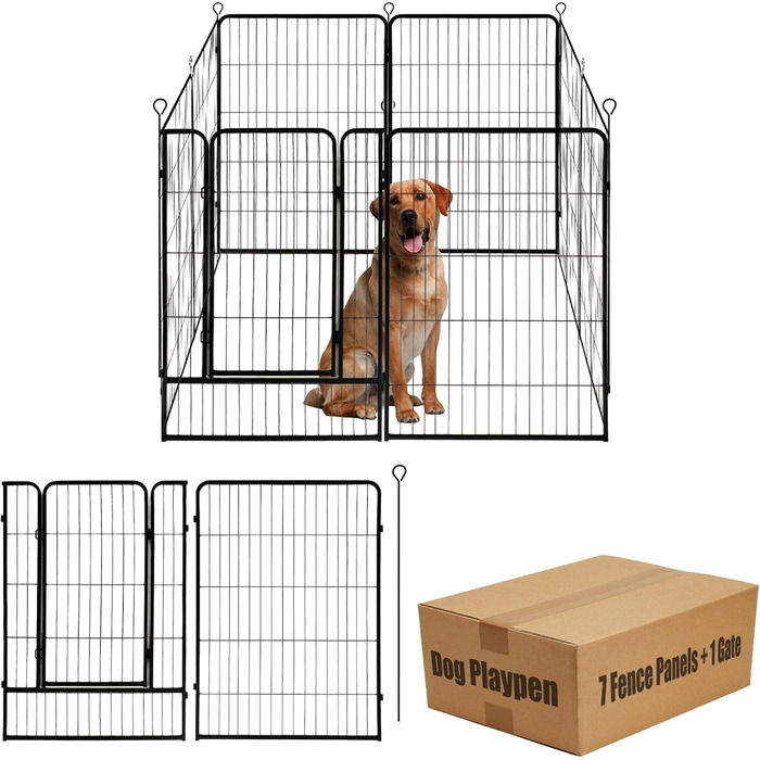 Загін для собак, 122 см (В), огорожа для тварин, для кемпінгу, саду, дому, 8 панелей з воротами, 40 см (Д), чорний метал, тимчасовий загін