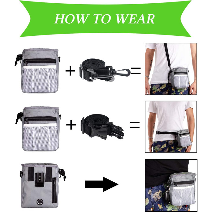 Сумка для ласощів STMK Leckerlibeutel для собак з поясом, 3 способи носіння, легка, іграшки, сухий корм, ласощі для собак, дресирування, для цуценят (сірий та чорний)