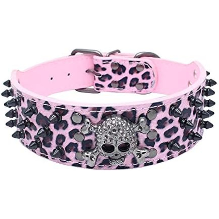 Нашийник для собак Haoyueer з шипами, 5,1 см, для середніх та великих собак (Пітбуль, Лабрадор, Боксер, Ротвейлер, Німецька вівчарка), чорний (XL, рожевий леопард)