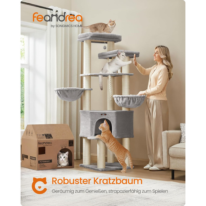 Декілька поверхів, великий котячий будиночок Feandrea, XXL, 55 x 55 x 186,7 см, товсті сизалеві стовпи (11 см), для великих котів (наприклад, мейн-кун), сірий та чорний котячий будиночок, PCT008G02