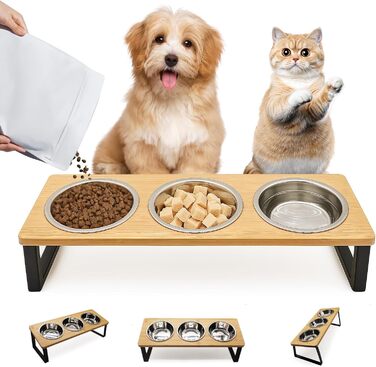 Підвищена годівниця для котів з 3 мисками з нержавіючої сталі, 15° нахил, набір мисок для котів, годівниця для котів та невеликих собак