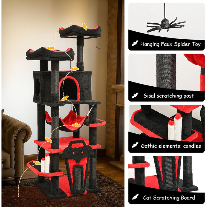Драматичний котячий комплекс BYBYME в готичному стилі для Хелловін, 158 см, стабільний набір меблів для котів з ліжком, будиночком, гамаком, стовпчиками з сизалю, багатофункціональна котяча ігрова вежа (Чорний/Червоний)