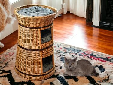 Кошик для котів із лози 50 см, триярусне ліжко з подушкою, натуральний колір, для котів і собак, котяча хата для дому