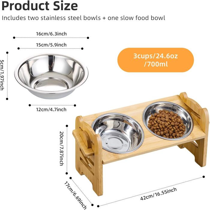 Підвищена годівниця для собак DOKKOME: регульована висота, бамбуковий підставник, нержавіюча сталь, для маленьких собак та котів, захист суглобів