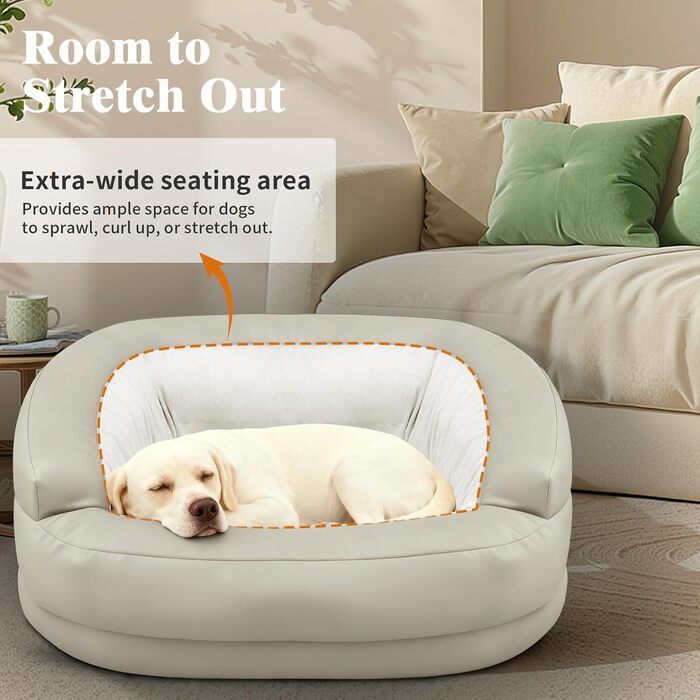 Заспокійливе велике собаче ліжко XXL для великих та середніх собак, 40,6 см глибини, високі бортики, овальне ліжко проти тривоги з підголівником, м'яка піна та бавовна, бежеве/сіре