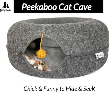 Велика ігрова котяча печера Peekaboo 61 см, тунель-ліжко з підвішеною іграшкою, для домашніх котів, тунель для ігор, стійкий до подряпин, праний, темно-сірий