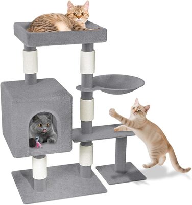 Драбина-кіготь для котів Naizy K1276, сіра, 49x41x93 см - XXL, з сизалевими стовпцями та будиночком