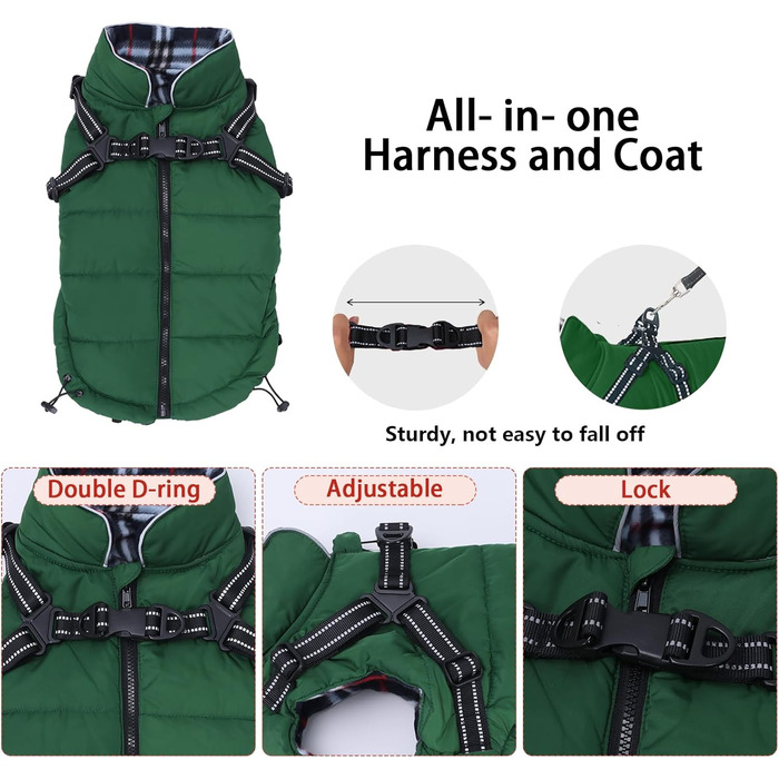 Водонепроникний зимовий теплий одяг для собак, теплий одяг для собак з шлейкою, для маленьких собак, розмір M (довжина спини 34 см), зелений
