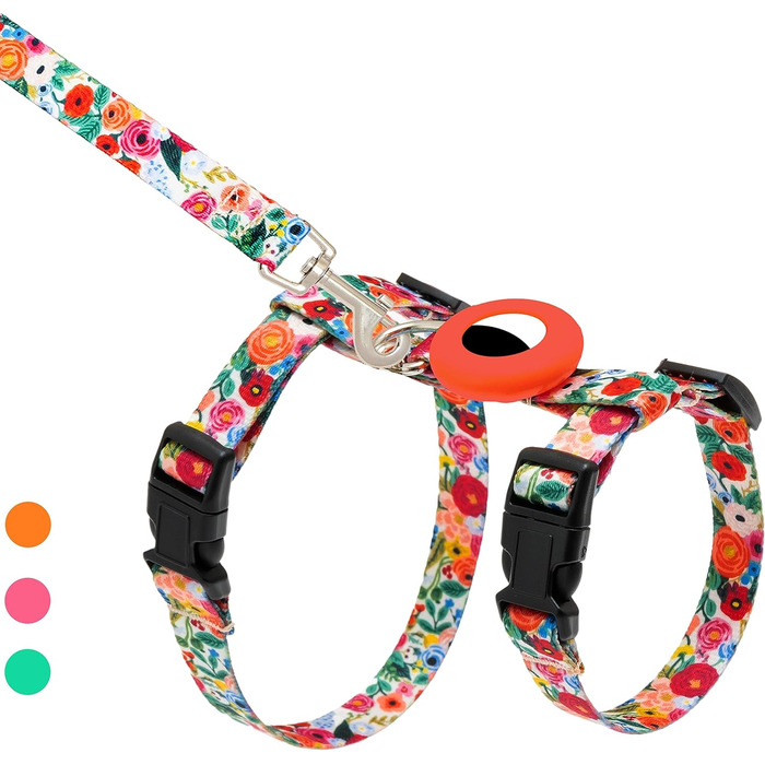 Шлейка та поводок для котів, анти-вислизання, для прогулянок, подорожей, на вулицю, м'який нейлон, регульована, милий комплект шлейки з тримачем Airtag, для кошенят та великих котів. Розмір шиї: 19-31 см, груди: 27-46 см, квітковий принт