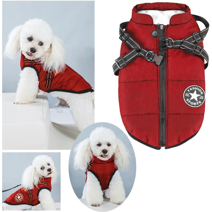 Тепла зимова куртка для собак Aiboria 2-в-1: вітронепроникна, водонепроникна, жилет-шлейка, розмір 4XL (червоний)