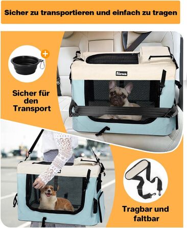 Транспортна переноска для собак та котів Reerooh Hundebox M, 60x42x42 см, складана, з мискою, блакитна