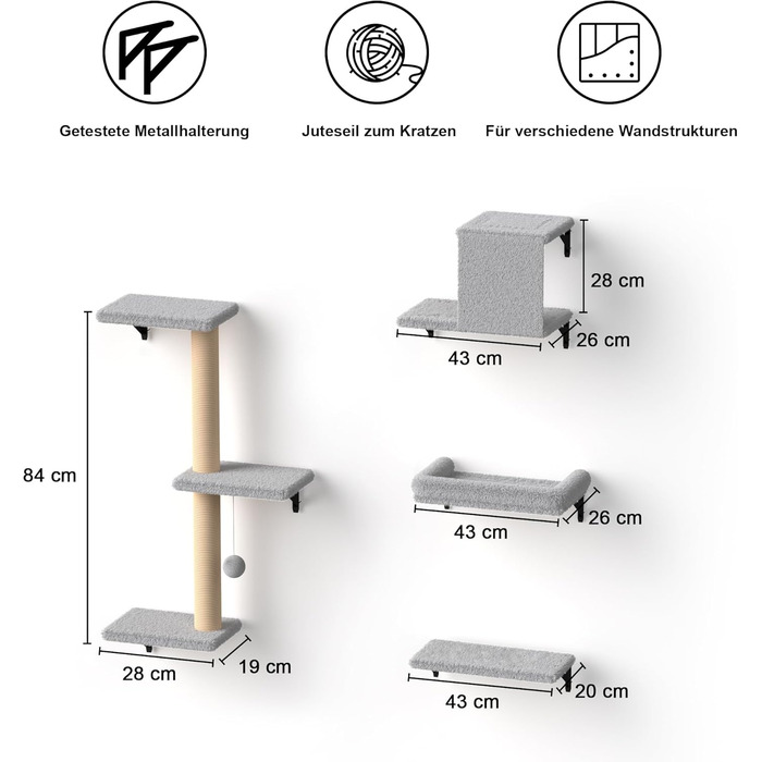 Комплект для котячого комплексу FUKUMARU: стіна для лазіння, гамак, будиночок, міст, драбина. Макс. вага: 18 кг, сірий