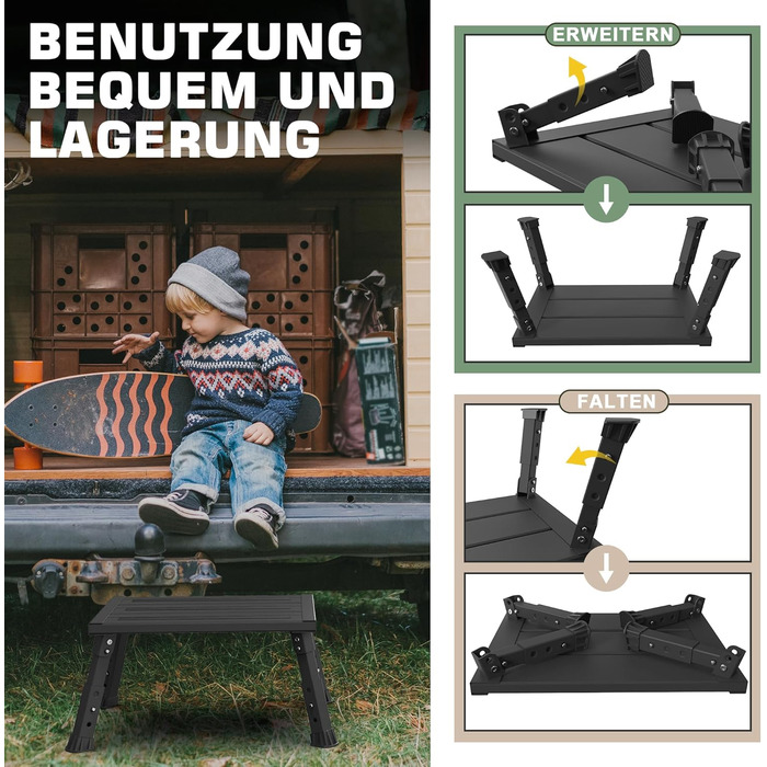 Алюмінієва розкладна сходинка-підставка, 300 кг, 3 сходинки, регульована висота, широка антиковзка поверхня, для автодому, саду та сходинок для собак, легка та складна (Чорний)