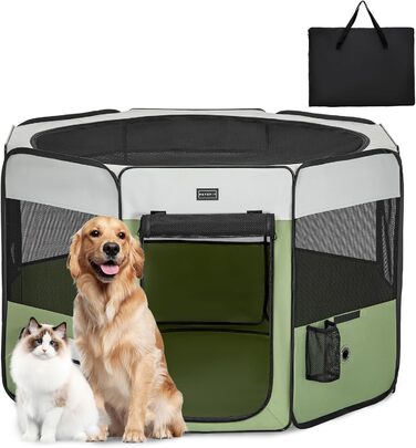 PETSFIT Розкладний вольєр для цуценят та дрібних тварин, вольєр для собак та котів, з водонепроникним дном, Pop-up система, захист від гризучих, 92 x 84 x 53 см (Сірий/Зелений)