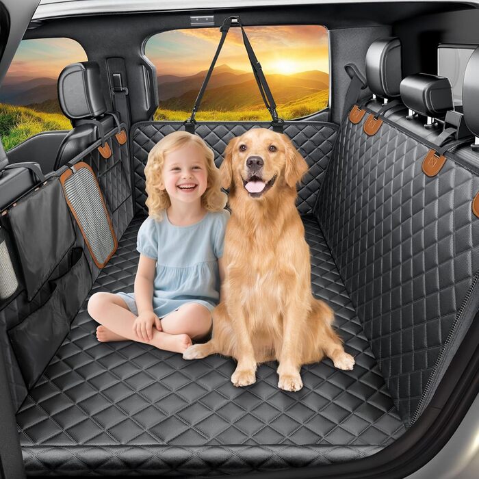Захисний чохол на сидіння для собак з жорсткою основою, авточохол на заднє сидіння для собак з тримачем для планшета та складним мисником для їжі, водовідштовхуючий, підходить для автокрісла для дітей