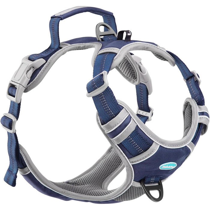 Шлейка для собак ThinkPet проти тяги, дихаюча, з ручкою, світловідбиваюча, регульована, для середніх та великих собак, застібка ззаду/спереду для зручного контролю, L, Темно-синій L (Обхват грудей: 19'-30'), Темно-синій