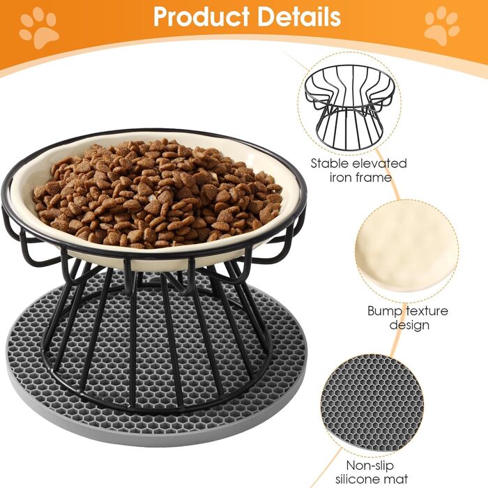 Набір мисок для котів (2 шт) з підставкою, керамічні миски для корму та води, силіконовий килимок, бежевий колір