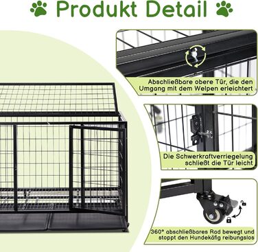 Міцна переносна переноска для собак, 109x76x87 см, 2 дверцята, фіксуючі колеса, знімний піддон – для середніх та великих собак – чорна