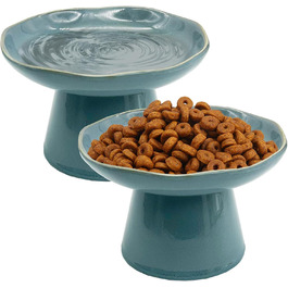 Керамічні миски для котів, 2 шт., 15.5 см, плоскі, анти-вуса, для корму та води, блакитні