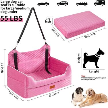 Автокрісло для собак великих та середніх порід – підйомник з memory foam для собак вагою до 25 кг або 2 маленьких собак, знімний та пральний лежак з товстим матрацом та кишенями для зберігання, Рожевий, Large Pink