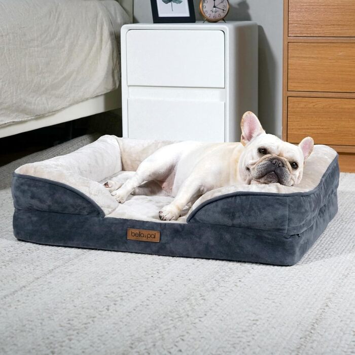 Ортопедичне ліжко для собак BELLA & PAL, 71x59 см - зручне собаче ліжко з ефектом пам'яті, водовідштовхувальний вкладиш, знімний фланелевий чохол, неслизьке дно, сіре