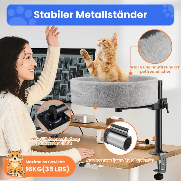 BSWAY ліжко для кота на стіл - без свердління, 360° обертання, регульована висота. Підвищене котяче ліжко над столом. Тримає кошеня/кота близько, робочий простір чистий. Ліжко для кота на стіл (Сірий, XL). Сірий XL