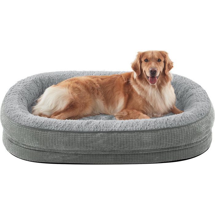 Ортопедичне ліжко для собак великих та середніх порід, XL, з м'якою подушкою для шиї, Memory Foam, вологостійке, неслизьке, знімний кошик, сірий, 107 x 81 x 19 см