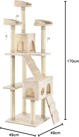 Когтеточка для котів Juskys XXL Amy 170 см, бежевий – багаторівневий котячий комплекс з лежаками, драбинами, будиночками та стовпчиками із сизалю, стійкий кіт-дерево