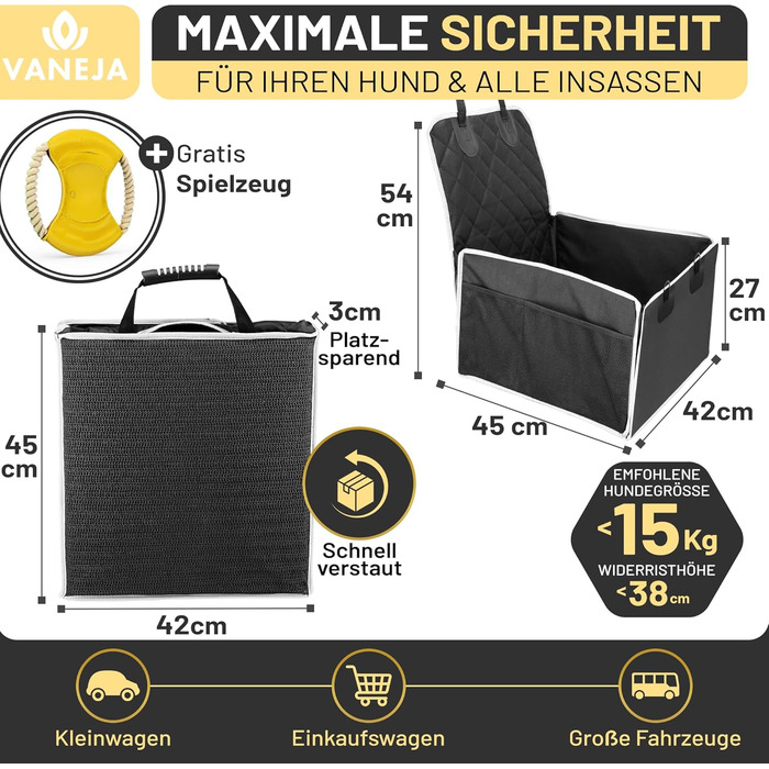 Автокрісло для собак VANEJA: безпечне та зручне автокрісло для маленьких собак, чорного кольору, з водонепроникним кошиком та фіксаторами, TÜV-сертифіковане