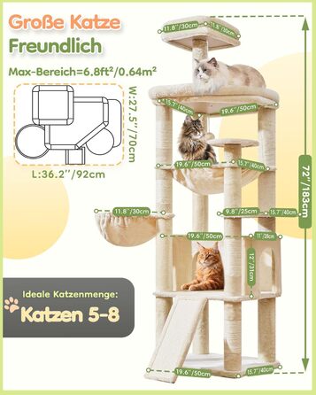 Когтеточка для котів Taoqimiao 183 см, велика, XXL, з будиночком, гамаком, когтеточками, платформою, MS045W (Бежева)