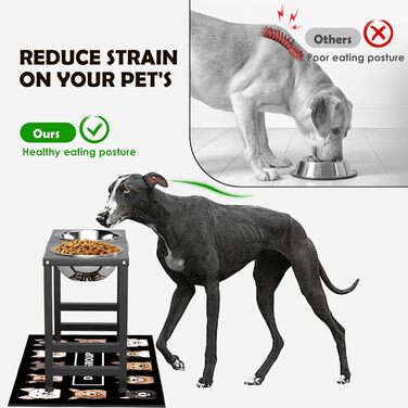 Підвищена годівниця для собак великих та екстра-великих порід, підставка для мисок з нержавіючої сталі (2,863 г) та не проливаючим килимком, годівниця висотою 43 см для великих порід, чорний колір