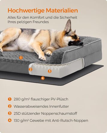 Ортопедичне ліжко для собак Feandrea, середнього розміру, водонепроникне, знімний плюшевий чохол, 91 x 68 x 16 см, PGW252G02 (XXL 122 x 85 x 16 см, сірий)