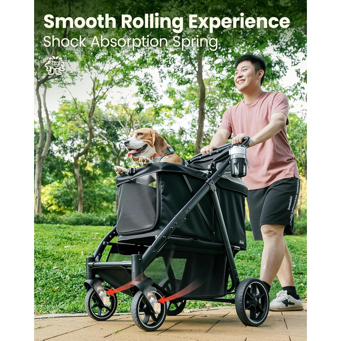 Візок для собак середнього розміру, складаний, з регульованою ручкою, кошиком для зберігання та підстаканником, балдахіном та сітковим віконцем, ідеальний для собак середнього розміру