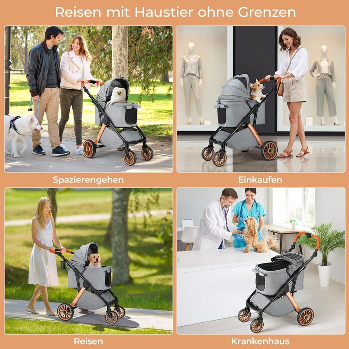 Візок для собак та котів MAMIZO One-Touch, до 25 кг, сірий. Алюмінієвий каркас, регульована ручка, тримач для напоїв, поворотні колеса