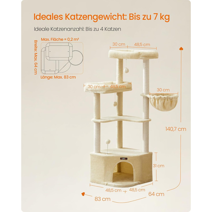 Дряпка для котів Feandrea, кігтеточка з великою затишною печерою, платформами, м'ячиками та лежанкою, 48,5 x 48,5 x 140,7 см, бежевий PCT009Y01